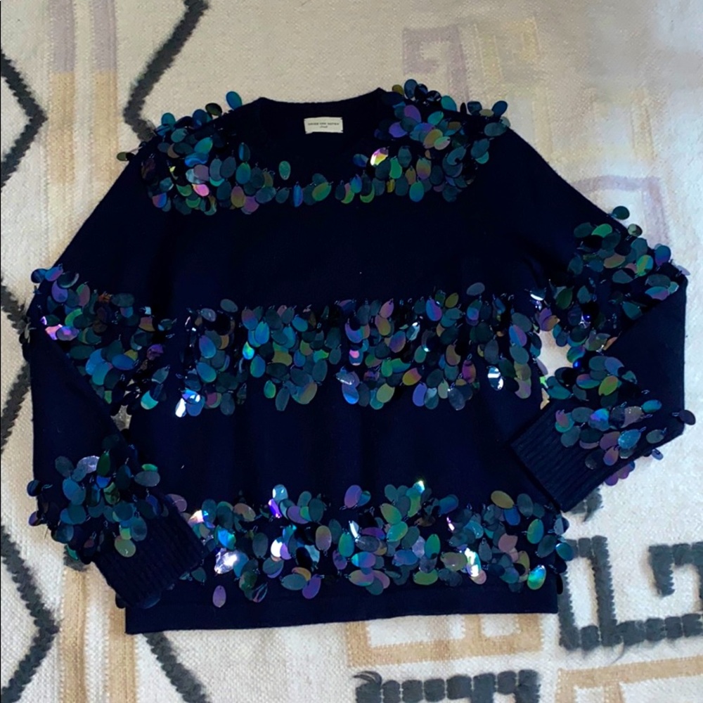 Dries Van Noten Navy Sequin Stripe Sweater Sz S